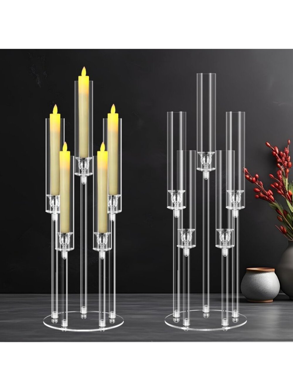 Elegant 27” Acrylic Candelabra Centerpieces - Clear Candle Holders for Weddings